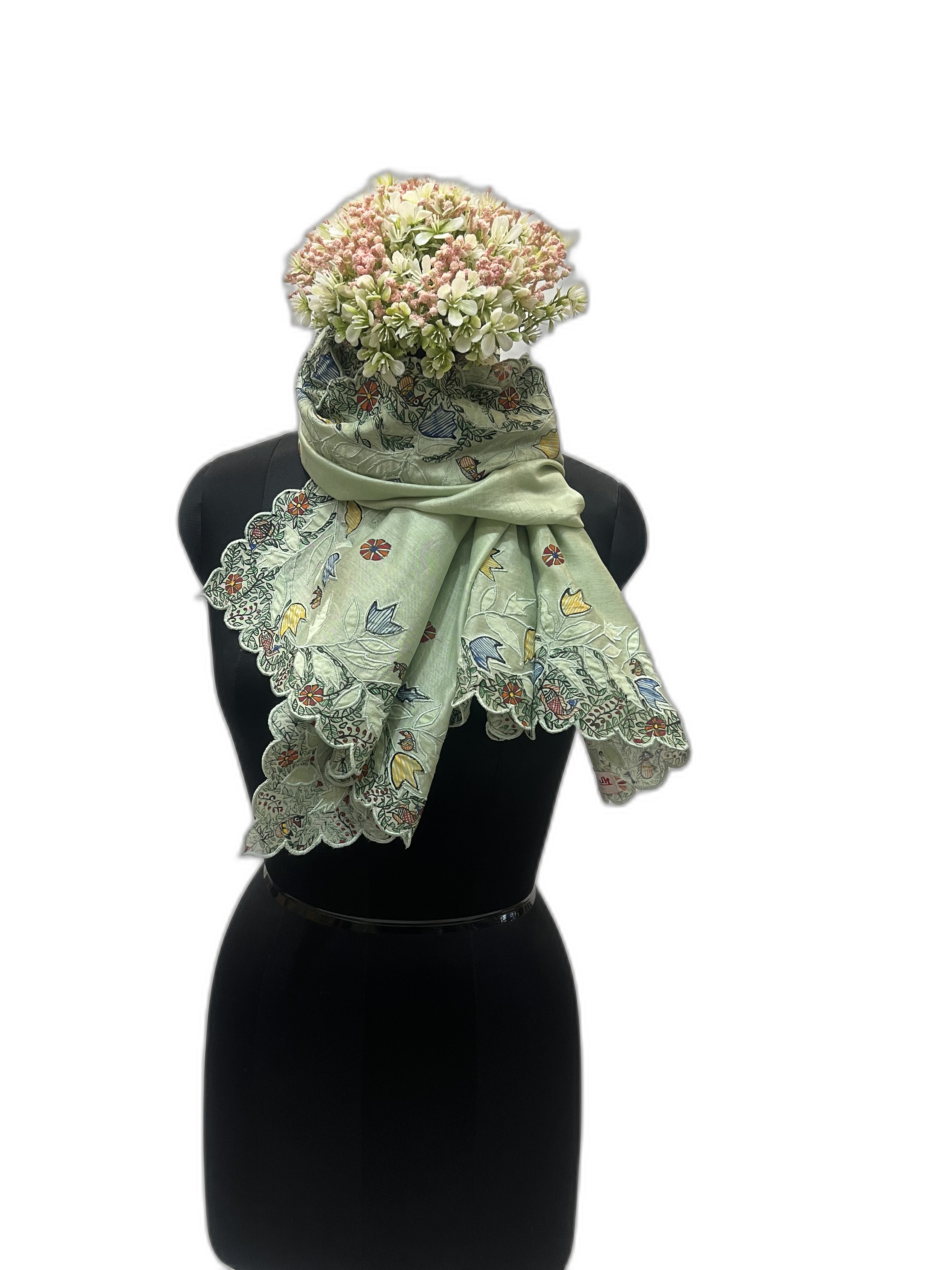 Chanderi Stole in Light Green with Scalloped Edges and Madhubani